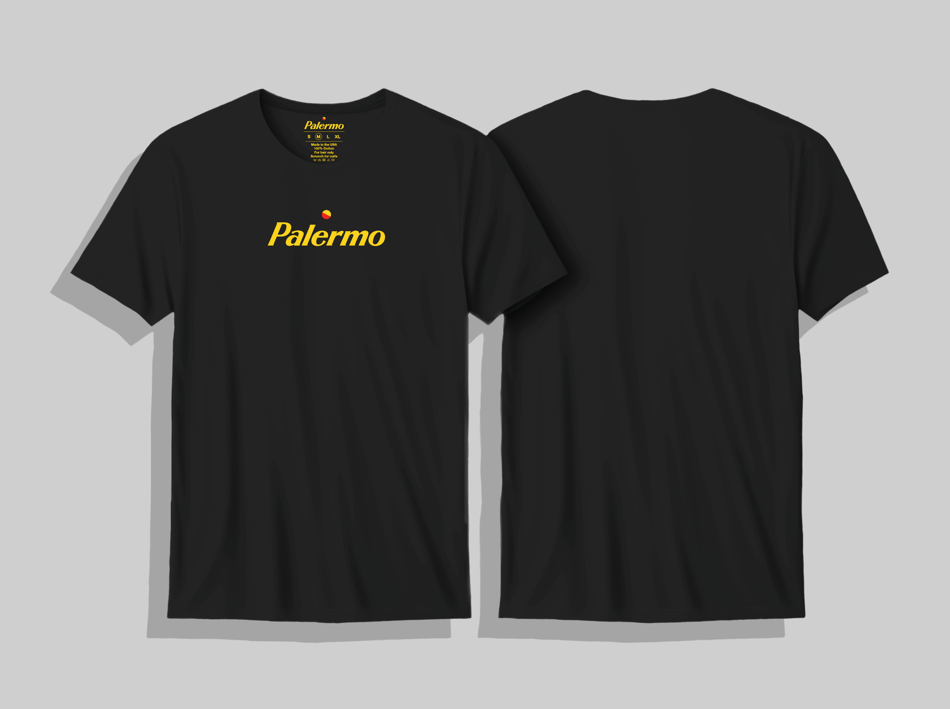 Two black Palermo t shirts with yellow branding 