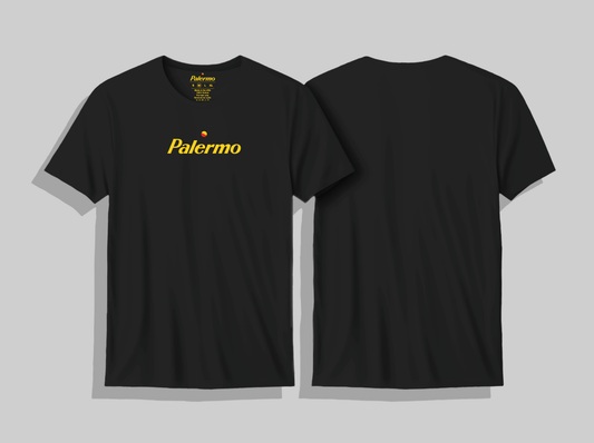 Two black Palermo t shirts with yellow branding 